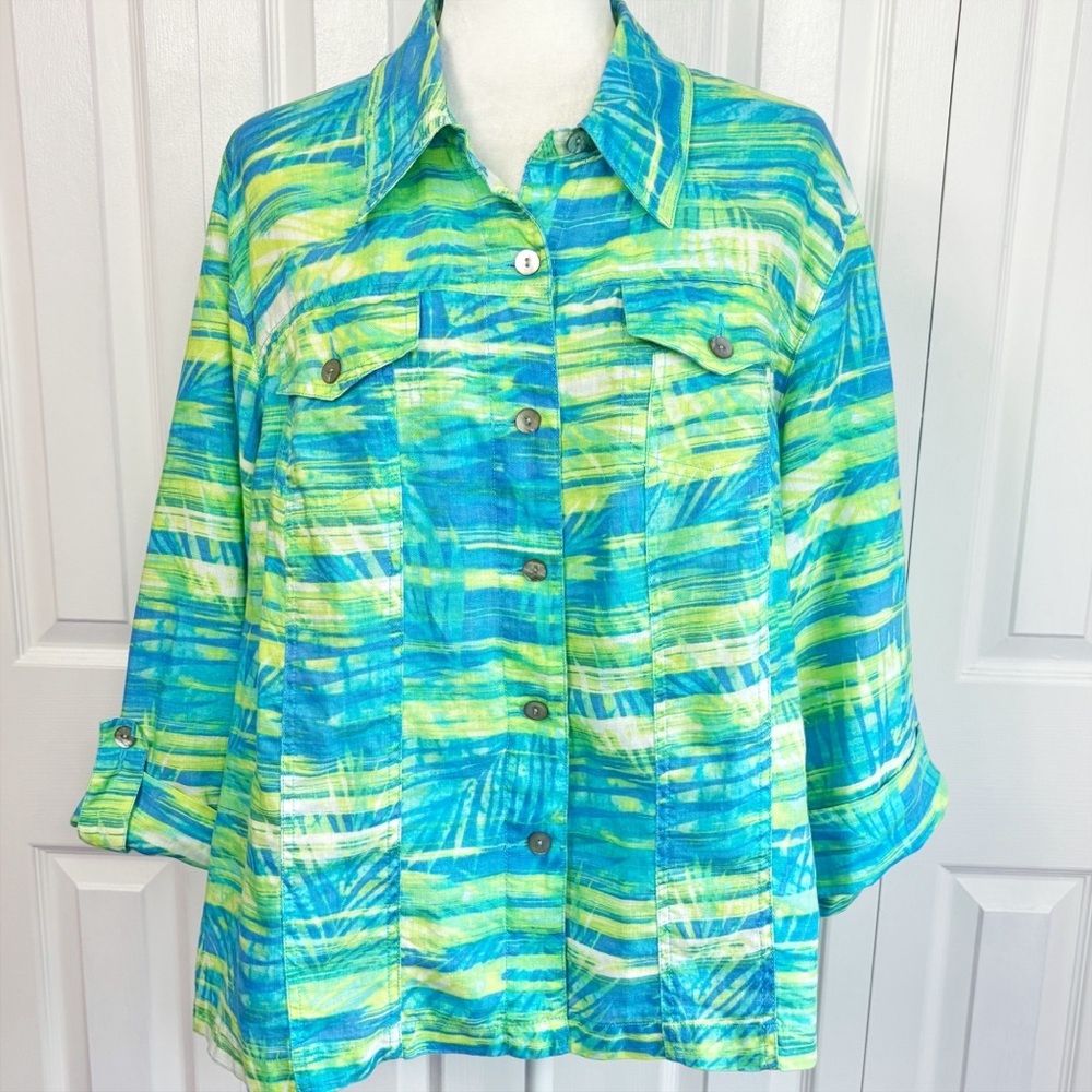 Ruby Rd. Blue & Green Palm Leaf Print 100% Linen 3/4 Sleeve Jacket 1X
